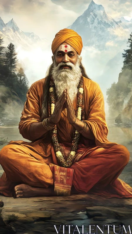 Mountain sage in saffron silence greeting the river dawn.