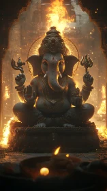 Sacred elephant deity glowing amid temple firelight.