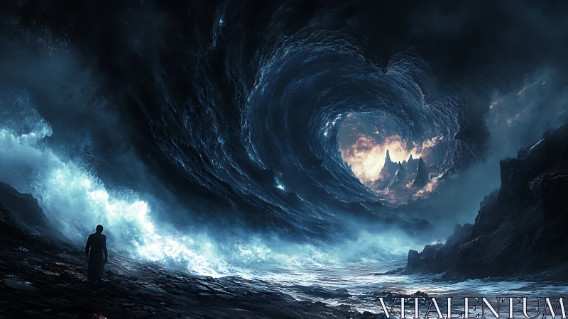 Solitary figure before cosmic storm vortex seascape portal.