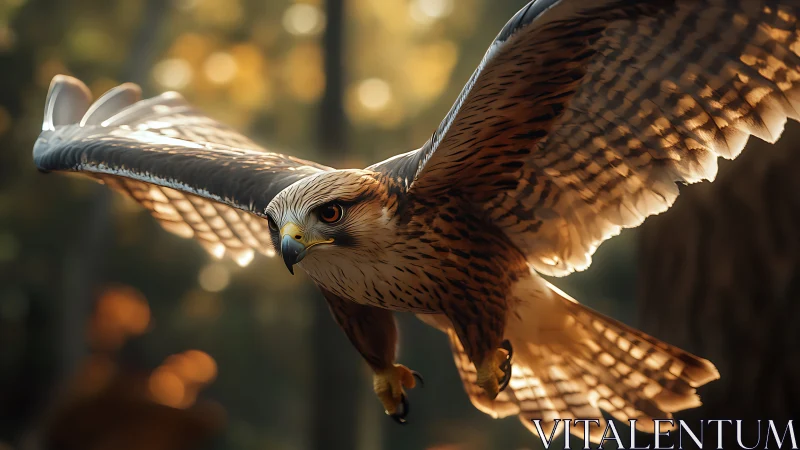 Majestic hawk in flight over forest, golden sunlight, dramatic realism.