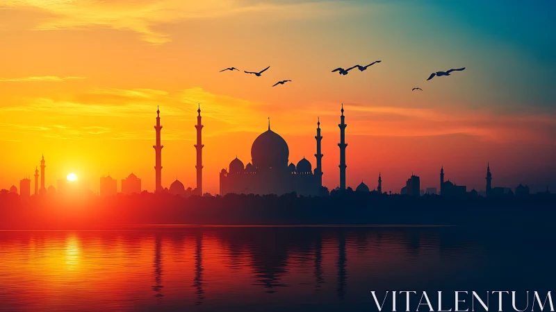Sunrise mosque skyline with reflective water and avian silhouettes.