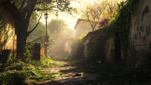 Overgrown sunlit alleyway between old village houses.