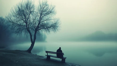 Solitary observer on mist-laden lakeshore in cyan tonal fog.