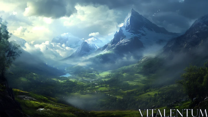Sunlit valley cradled beneath dramatic misty peaks.