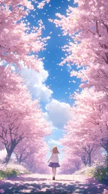 Girl walking under pink cherry blossoms in calm spring scene.