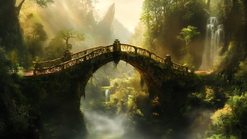 Sunlit stone bridge over misty forest gorge with waterfalls.