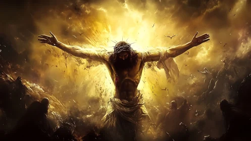 Radiant central figure with outstretched arms in golden cloud.