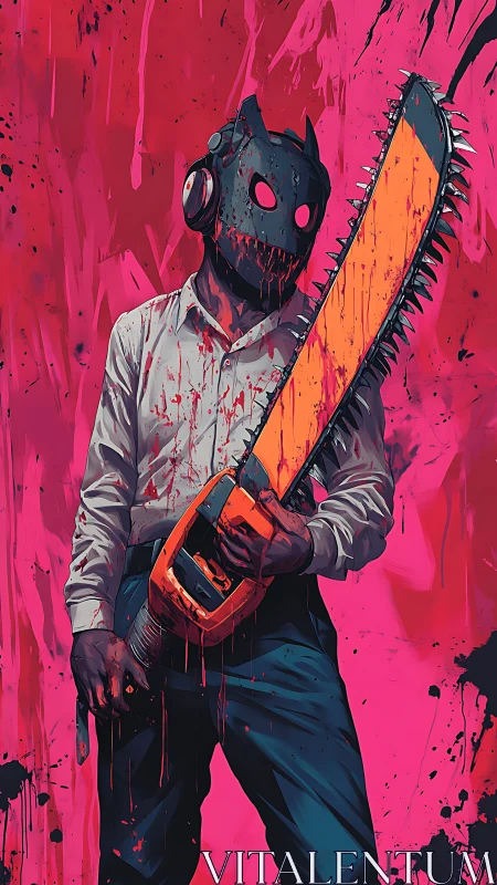Edgy masked chainsaw figure in a bold neon pink swirl.