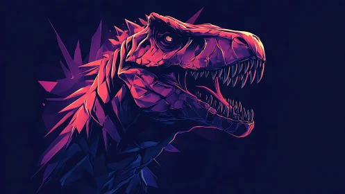 Neon low poly tyrannosaurus head in profile with jagged facets