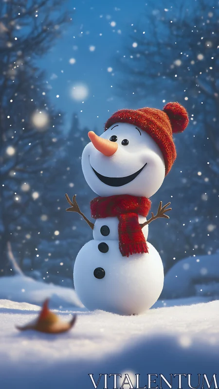 Joyful snowman smiles under gentle evening snowfall