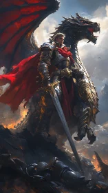 Dragonrider knight pausing on a battlefield of embers.