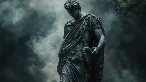 Marble warrior statue in volumetric fog with dramatic chiaroscuro lighting