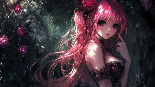 Enchanted rose maiden with luminous pink flowing hair.