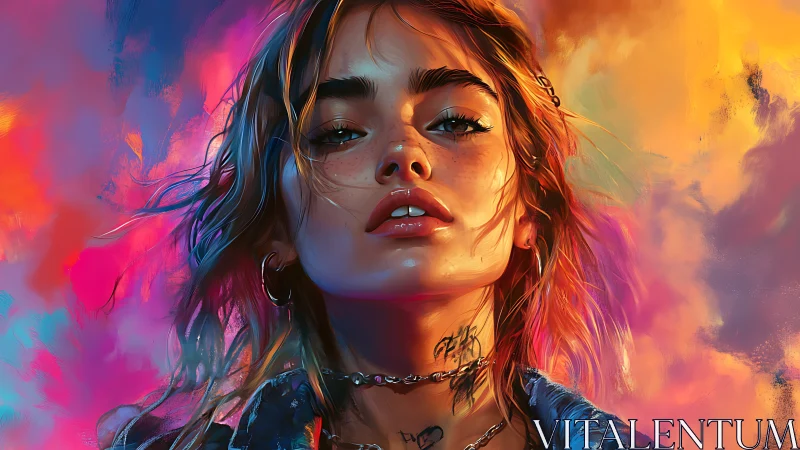 Defiant young woman emerges against vivid neon sunset haze