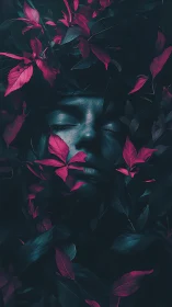 Moonlit dreamer cradled in neon petals and midnight leaves.
