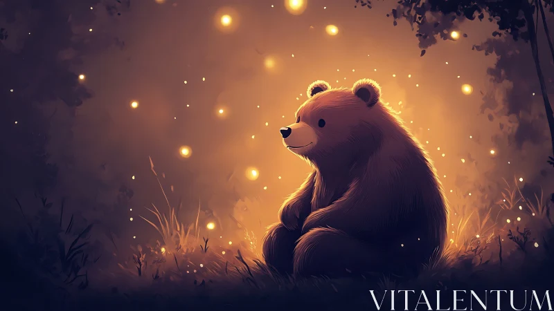 Gentle forest bear illuminated by glowing fireflies at dusk.