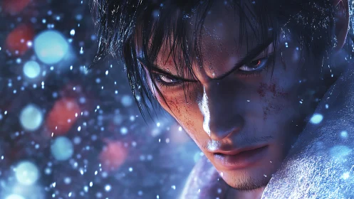 Intense anime warrior glares through swirling winter lights