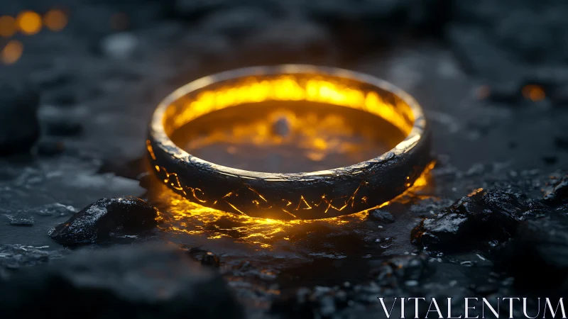 Photorealistic molten ring on volcanic stone surface composition.