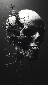 Fragmented skull structure dissolves in dark monochrome space