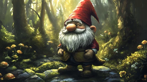 Forest gnome stands on mossy path under dappled light glow