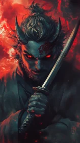 Demon swordsman bathed in ember light and quiet fury.