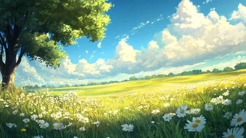 Sunlit wildflower meadow under sweeping summer clouds.