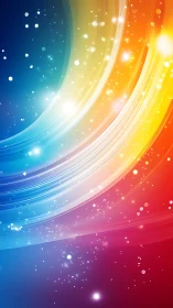 Curved rainbow light trails over blue red gradient field.