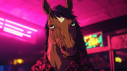 Midnight neon horseman nursing quiet doubts at the bar.