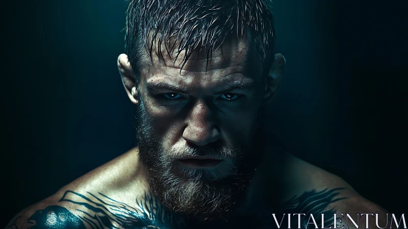 Intense male fighter portrait with beard and chest tattoos.