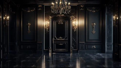 Opulent black marble hallway with gilded central door.