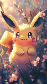 Gentle Pikachu resting in a dreamy meadow of glowing light.
