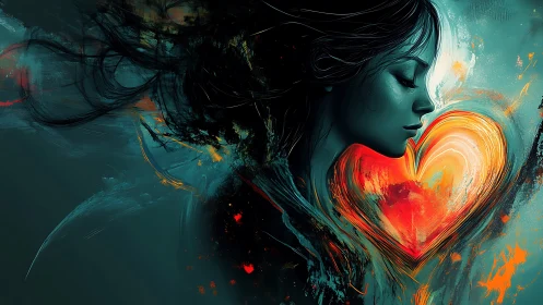 Woman with Glowing Heart: Digital Portrait with Warm Light Effects