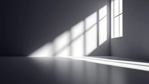 Hard-edged window light casting geometric shadows in empty room