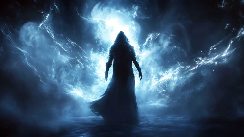 Cloaked wanderer steps through a storm-lit cosmic threshold