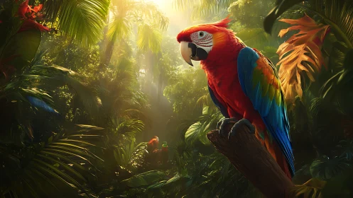 Scarlet macaw perches in dense rainforest under sunrays