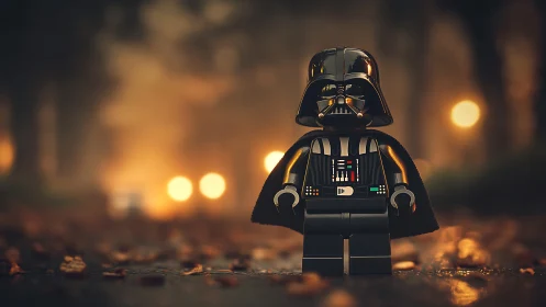 Toy dark warrior stands in moody autumn bokeh street.