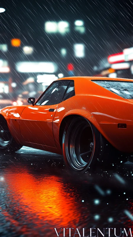 Retro orange sports coupe on wet neon city street at night