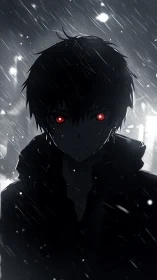Silhouetted figure with red eyes standing in heavy rainfall.