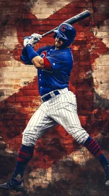 Baseball slugger swinging bat against gritty brick mural.