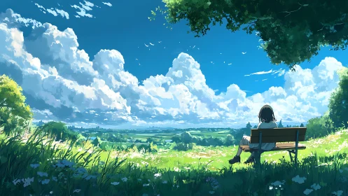 Atmospheric perspective panorama with contemplative bench figure.