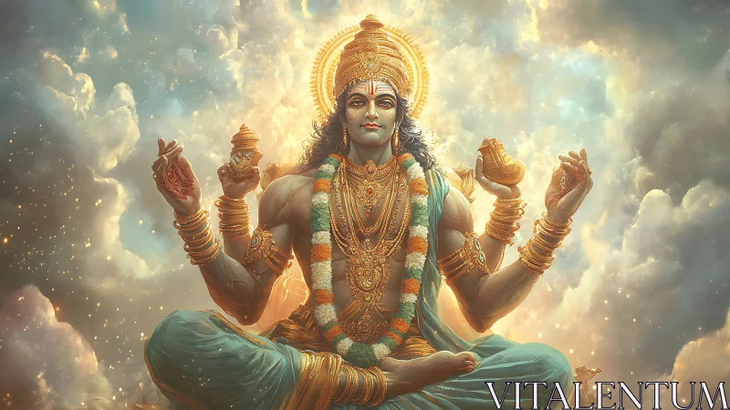 Four-armed divine figure seated amid radiant clouds.
