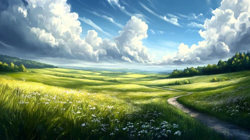 Sunlit meadow valley under towering summer clouds.