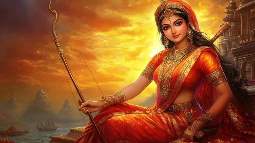Ornate warrior princess in orange sari framed by radiant sunset