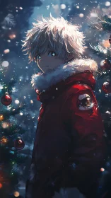 Snowy night boy in red winter coat among Christmas lights.