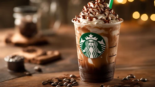 Iced Starbucks coffee drink topped with whipped cream sits centered