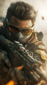 Armored soldier aiming rifle in dusty combat scene.