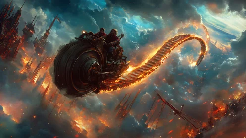 Sky riders chasing a burning ribbon road through clouds.