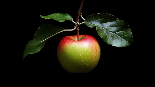 Ripe bicolor apple with glossy leaves on pure black background.