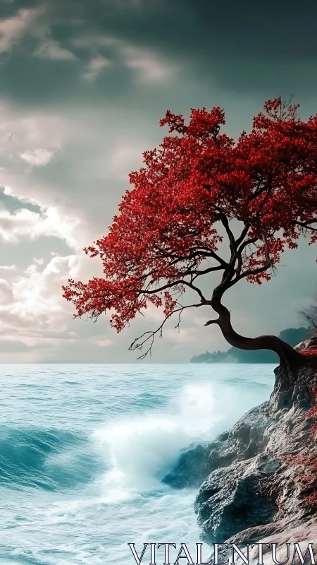 Scarlet cliffside tree defies stormy turquoise sea below.