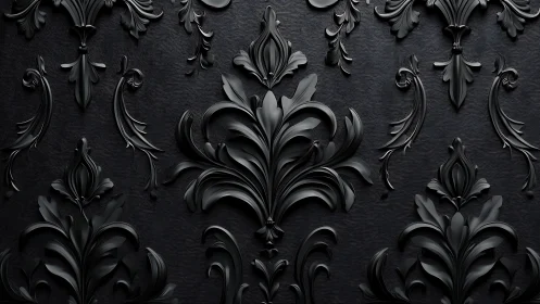 Baroque black floral relief pattern forms ornate seamless surface